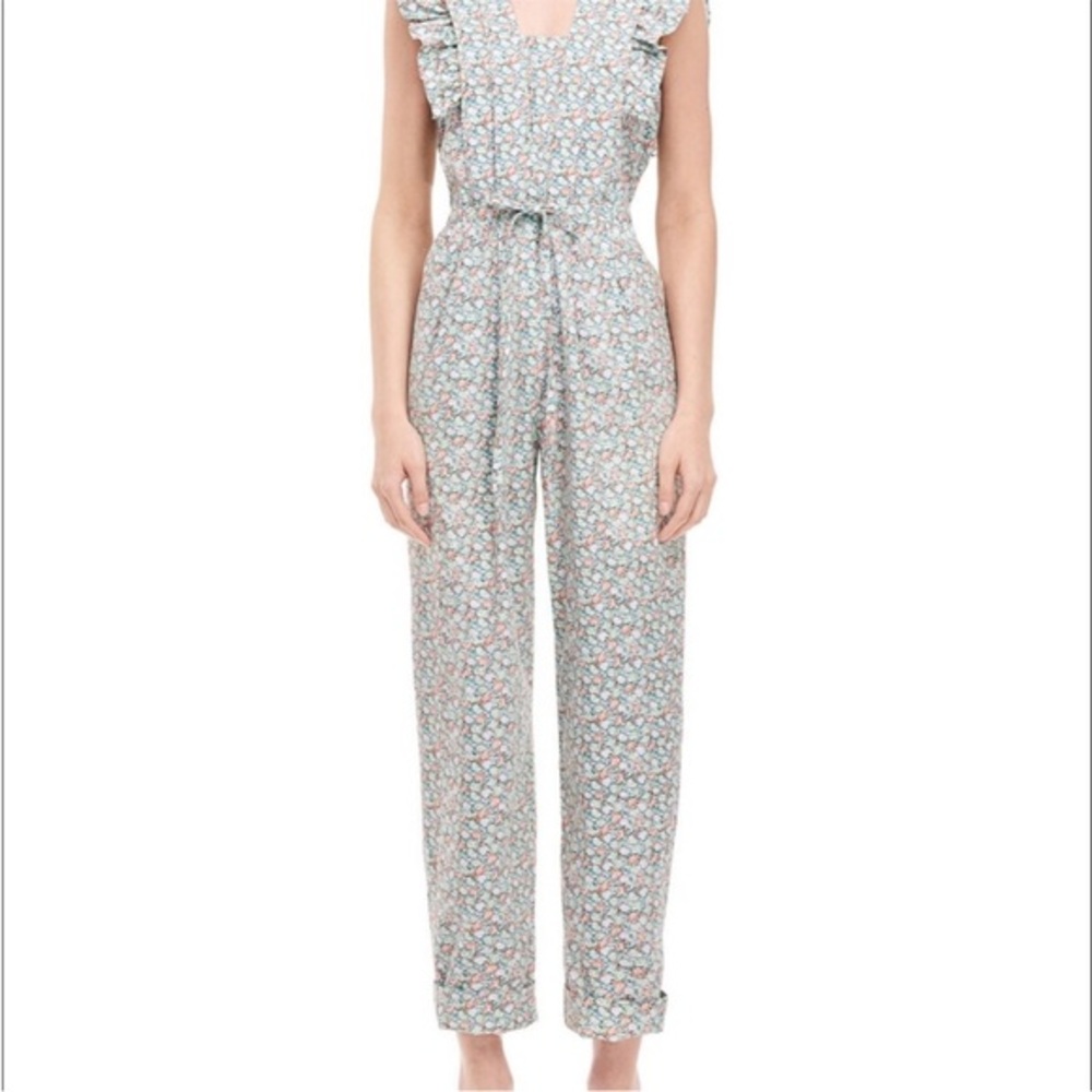 La vie, Rebecca Taylor Adelie green and salmon floral ruffle shoulder jumpsuit S